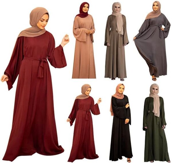 Resnan Arabian Islamic Dubai Robe Belted Eid Long Dress, Women Chiffon Muslim Dress Middle East Prayer Flowy Maxi Cardigan 01 IKADEX Muslim Dress for Women Pakistani Kaftan Abaya Robe